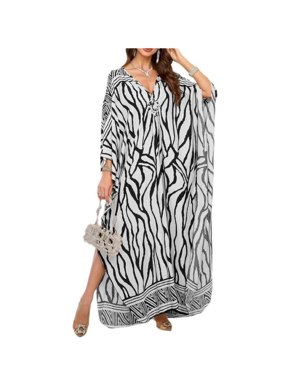 Women's Black & White V-Neck Batwing Sleeves Summer Beach Cover Up Kaftan Dress